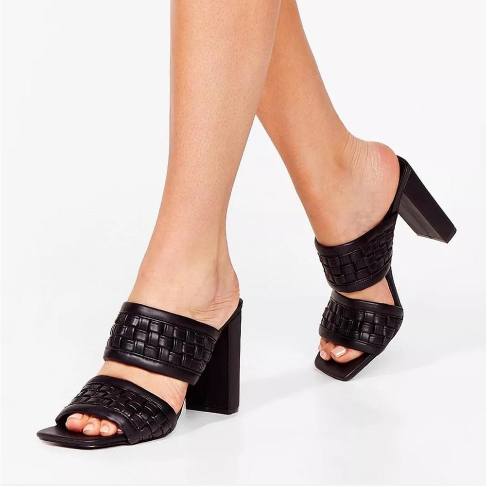 Black Woven Block Heel Mules